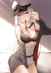 Rule 34 | 1girl, azur lane, bed, black bra, black jacket, black ribbon, blush, bra, breasts, cleavage, collarbone, commentary request, enterprise (azur lane), hat, head tilt, highres, jacket, large breasts, long hair, military hat, mouth hold, on bed, open clothes, open jacket, peaked cap, purple eyes, ribbon, silver hair, sitting, smile, solo, sunlight, tatsumiya kagari, underwear, undressing, very long hair