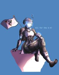 Rule 34 | 1girl, ammunition pouch, armor, black footwear, black gloves, blue background, breastplate, crossed legs, english text, flag, gates (titanfall 2), gloves, glowing, hand on own knee, head tilt, highres, knee pads, pouch, shoes, sitting, sneakers, solo, spartans doodles, titanfall (series), titanfall 2