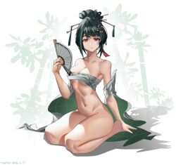 Rule 34 | 1girl, absurdres, bamboo, bandaged chest, closed mouth, folding fan, green hair, hair ornament, hand fan, hanying (punishing: gray raven), highres, holding, holding fan, looking at viewer, medium hair, navel, nude, punishing: gray raven, red eyes, taotao bujue