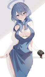 Rule 34 | 1girl, absurdres, ako (blue archive), ako (dress) (blue archive), arm support, blue archive, blue eyes, blue hair, bracelet, breasts, cleavage, cocokawa (cjsj8353), commentary request, dangle earrings, dress, earrings, evening gown, hair between eyes, hairband, halo, head tilt, highres, jewelry, large breasts, long hair, looking at viewer, official alternate costume, side slit, sidelocks, simple background, smile, solo, white background