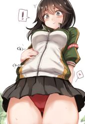 Rule 34 | !, 1girl, black hair, black skirt, blush stickers, closed mouth, commentary request, cowboy shot, from below, grey eyes, hand on own stomach, hayasui (kancolle), heart, jacket, kantai collection, looking down, miniskirt, panties, pleated skirt, red panties, short hair, skirt, solo, spoken exclamation mark, spoken heart, thighs, track jacket, turtleneck, underwear, utopia, white jacket, zipper