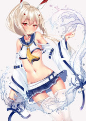 Rule 34 | 1girl, animal ears, ayanami (azur lane), azur lane, bandaid, bandaid on arm, belt, blue belt, blue skirt, blush, breasts, commentary request, crop top, detached sleeves, grey background, groin, hair between eyes, hair ornament, hairclip, high ponytail, light brown hair, long hair, long sleeves, looking at viewer, midriff, miniskirt, navel, nose blush, parted lips, pleated skirt, ponytail, puririn, school uniform, serafuku, shirt, simple background, skirt, small breasts, smile, solo, thighhighs, underboob, very long hair, water, white belt, white shirt, white thighhighs, wide sleeves