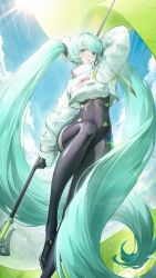 Rule 34 | 1223105337, 1girl, absurdly long hair, absurdres, aqua eyes, aqua hair, arm up, asymmetrical bodysuit, black bodysuit, black gloves, blue sky, bodysuit, boots, breasts, cloud, cloudy sky, commentary request, cropped jacket, flag, flagpole, full body, gloves, goodsmile racing, green flag, hatsune miku, highres, holding, holding flag, jacket, long hair, long sleeves, looking ahead, medium breasts, open mouth, racing miku, racing miku (2022), single leg bodysuit, single thigh boot, single thighhigh, sky, smile, solo, standing, standing on one leg, thigh boots, thighhighs, very long hair, vocaloid, white jacket