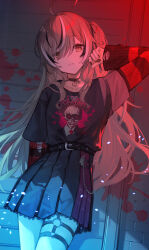 Rule 34 | 1girl, ahoge, arm up, belt, black belt, black choker, black hair, black nails, black ribbon, black shirt, black skirt, black sweater, blood, blood splatter, blue light, brown eyes, brown hair, choker, commentary, emo fashion, english commentary, hair ribbon, heart, heart choker, highres, hololive, hololive english, lace-trimmed choker, lace trim, leaning to the side, light particles, long hair, looking at viewer, multicolored hair, nail polish, nanashi mumei, nanashi mumei (emo), nightmare (nanashi mumei), o-ring, o-ring thigh strap, official alternate costume, one side up, plaid, plaid skirt, pleated skirt, red light, red skirt, red sweater, ribbon, shadow, shirt, skirt, solo, streaked hair, striped clothes, striped sweater, sweater, sweater under shirt, thigh strap, torn clothes, torn sweater, two-tone sweater, very long hair, virtual youtuber, white hair, xyunx