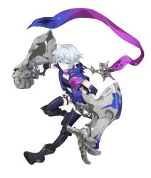 Rule 34 | 1girl, absurdres, ahoge, artist request, black footwear, black shorts, blue eyes, blue hair, boots, breasts, clenched hands, elbow pads, eversoul, game cg, highres, jacket, leg armor, looking at viewer, official art, open clothes, open jacket, pointy ears, popped collar, purple scarf, renee (eversoul), scarf, short hair, short sleeves, shorts, small breasts, solo, sports bra, standing, tachi-e, thigh strap, thighhighs, third-party source, transparent background