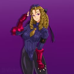 Rule 34 | 1girl, bad end, blonde hair, bodysuit, boots, capcom, corruption, empty eyes, gauntlets, hat, highres, kanzuki karin, leather, leather boots, leggings, leotard, looking to the side, mind control, necktie, pantyhose, pink eyes, purple background, ribbon, saluting, self-upload, shadaloo dolls, simple background, smile, street fighter