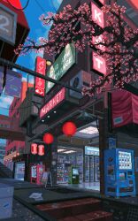 Rule 34 | animated, animated gif, blue sky, building, cherry blossoms, commentary, day, english commentary, english text, falling petals, highres, lantern, looping animation, no humans, original, outdoors, paper lantern, petals, pixel art, scenery, sign, sky, stairs, translated, tree, vending machine, waneella
