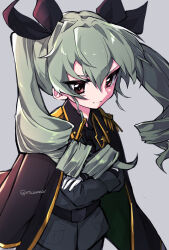 Rule 34 | 1girl, anchovy (girls und panzer), anzio military uniform, belt, black belt, black cape, black ribbon, black shirt, cape, closed mouth, commentary, cowboy shot, crossed arms, dress shirt, drill hair, girls und panzer, gloves, green hair, grey background, grey jacket, hair ribbon, highres, jacket, long hair, long sleeves, looking to the side, military uniform, natsusa (nts summer), red eyes, ribbon, shirt, simple background, smile, solo, twin drills, twintails, twitter username, uniform, white gloves, wind, wing collar