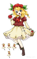 Rule 34 | 1girl, apple, apple girlington, basket, blonde hair, blush stickers, boots, borrowed design, brown footwear, commentary request, dress, food, fruit, fruit basket, green eyes, hair ornament, hat, holding, holding basket, holding food, holding fruit, iiwake, looking at viewer, medium hair, mob cap, neckerchief, open mouth, original, pantyhose, parody, partial commentary, puffy short sleeves, puffy sleeves, red neckerchief, red shirt, shirt, short sleeves, simple background, solo, style parody, touhou, twitter username, white background, yellow sleeves