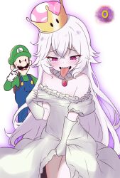 Rule 34 | 1boy, 1girl, aged down, amogan, blush, collarbone, commentary request, cowboy shot, crown, dress, furrowed brow, gloves, glowing, green hat, hair between eyes, hat, highres, long hair, long sleeves, looking down, loose clothes, luigi, luigi&#039;s mansion, mario (series), mini crown, new super mario bros. u deluxe, nintendo, open mouth, pink brooch, princess king boo, sharp teeth, simple background, strapless, strapless dress, super crown, sweatdrop, tearing up, teeth, tongue, tongue out, tsurime, upper teeth only, white background, white dress, white gloves