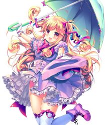 Rule 34 | 1girl, :d, ahoge, arm up, blonde hair, blue ribbon, blush, boots, bow, breasts, commentary request, dress, frilled dress, frills, gloves, green umbrella, hair bow, hair ribbon, hat, holding, holding clothes, holding hat, holding umbrella, long hair, looking at viewer, medium breasts, mizuki yuuma, open mouth, original, outstretched arm, print dress, print headwear, puffy short sleeves, puffy sleeves, purple dress, purple footwear, purple hat, purple legwear, red bow, red eyes, red ribbon, revision, ribbon, short sleeves, simple background, smile, solo, two side up, umbrella, unworn hat, unworn headwear, very long hair, white background, white gloves