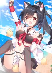 Rule 34 | 1girl, :o, absurdres, animal, animal ear fluff, animal ears, arm up, azur lane, bird, black gloves, black hair, black panties, black thighhighs, blue sky, blurry, blurry background, blush, breasts, chick, clothes between thighs, cloud, collarbone, commentary request, crop top, day, depth of field, fang, fingerless gloves, fingernails, gloves, hair between eyes, high ponytail, highres, jacket, knees up, long hair, long sleeves, manjuu (azur lane), medium breasts, motion blur, multicolored nails, nail polish, navel, off shoulder, open clothes, open jacket, open mouth, outdoors, outstretched arm, panties, pleated skirt, ponytail, purple nails, red eyes, red nails, sailor collar, shigure (azur lane), sidelocks, skirt, sky, solo, t@ke-g, thighhighs, underwear, very long hair, white jacket, white sailor collar, white skirt, wolf ears