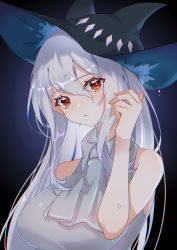 Rule 34 | 1girl, absurdres, arknights, ascot, bare shoulders, black background, black hat, blush, breasts, closed mouth, collared shirt, grey ascot, grey shirt, hair between eyes, hand up, hat, head tilt, highres, large breasts, long hair, looking at viewer, red eyes, shirt, silver hair, skadi (arknights), sleeveless, sleeveless shirt, solo, sweat, upper body, water drop, zxk626