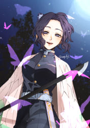 Rule 34 | 1girl, absurdres, animal print, belt, belt buckle, black pants, blush, breast pocket, breasts, buckle, bug, butterfly, butterfly hair ornament, butterfly print, buttons, closed mouth, commentary request, demon slayer uniform, eyelashes, hair ornament, haori, highres, insect, japanese clothes, kimetsu no yaiba, kochou shinobu, large breasts, long sleeves, looking at viewer, mog ky, narrowed eyes, night, open mouth, pants, parted bangs, parted lips, pocket, purple eyes, purple hair, sheath, short hair, sidelocks, smile, solo, twitter username, white belt, wide sleeves