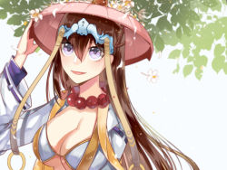 Rule 34 | 1girl, bikini, breasts, brown hair, coat, fate/grand order, fate (series), flower, hat, headgear, jewelry, long hair, necklace, open mouth, purple eyes, solo, swimsuit, xuangzang sanzang (fate)