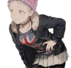 Rule 34 | 1girl, arm at side, bad drawr id, bad id, beanie, belt, black belt, black jacket, blonde hair, brown choker, brown eyes, choker, collarbone, cowboy shot, earrings, fur-trimmed jacket, fur trim, grin, hand on own hip, hat, idolmaster, idolmaster cinderella girls, jacket, jewelry, leaning forward, lineart, long sleeves, looking ahead, mame (mmgamegg), miniskirt, nail polish, necklace, oekaki, open clothes, open jacket, parted lips, pendant choker, pink hat, pixie cut, pleated skirt, purple hat, red nails, senzaki ema, short eyebrows, short hair, simple background, skirt, smile, solo, union jack, very short hair, white background