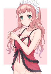 Rule 34 | 1girl, babydoll, bare shoulders, blush, breasts, cleavage, closed mouth, collar, green eyes, groin, highres, ito fumi, lingerie, long hair, looking at viewer, maid headdress, medium breasts, navel, nipples, original, pink hair, sidelocks, solo, tying hair, underwear, upper body