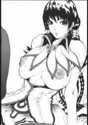 Rule 34 | 1girl, braid, breasts, dress, greyscale, highres, huge breasts, linda, lineart, magna carta, monochrome, nipples, non-web source, pantyhose, reith, skirt, solo
