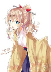 Rule 34 | 1girl, black hakama, blonde hair, blue eyes, brown hair, drill hair, furisode, hair between eyes, hair ornament, hair ribbon, hakama, hakama short skirt, hakama skirt, hatakaze (kancolle), hizaka, japanese clothes, kantai collection, kimono, light brown hair, looking at viewer, meiji schoolgirl uniform, one-hour drawing challenge, open clothes, open kimono, open mouth, ponytail, red ribbon, ribbon, simple background, skirt, solo, tareme, twitter username, wavy hair, white background, yellow kimono