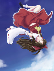 Rule 34 | 1girl, ascot, bow, detached sleeves, female focus, flying, full body, hair bow, hakurei reimu, loafers, long sleeves, looking at viewer, ponytail, red bow, ribbon-trimmed sleeves, ribbon trim, shoes, solo, touhou, upside-down