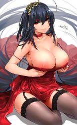 Rule 34 | 1girl, ahoge, azur lane, bare shoulders, black hair, blush, breast hold, breasts, breasts out, choker, cleavage, closed mouth, cocktail dress, collarbone, commentary request, dated, dress, garter straps, hair between eyes, hair ornament, happa (cloverppd), head tilt, large breasts, long hair, looking at viewer, nipples, official alternate costume, red choker, red dress, red eyes, signature, sitting, smile, solo, taihou (azur lane), taihou (forbidden feast) (azur lane), thighhighs, very long hair