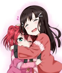 Rule 34 | 10s, 2girls, black hair, blush, clothes grab, commentary request, closed eyes, green eyes, hair ornament, hand on another&#039;s head, head on head, heart, hug, japanese clothes, kurosawa dia, kurosawa ruby, long hair, long sleeves, love live!, love live! sunshine!!, mole, mole under mouth, multiple girls, one eye closed, open mouth, red hair, siblings, simple background, sisters, sooki, two side up, wavy mouth