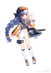 Rule 34 | 1girl, absurdres, alternate hairstyle, bag, blue eyes, blush, casual, full body, hair ribbon, hat, highres, jewelry, kneehighs, looking at viewer, m1 (warship girls r), multicolored hair, navel, necklace, ribbon, shoes, shorts, socks, warship girls r, waving, white background
