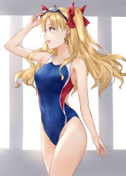 Rule 34 | 1girl, asle, bare shoulders, blonde hair, blue one-piece swimsuit, blush, breasts, collarbone, competition swimsuit, earrings, ereshkigal (fate), fate/grand order, fate (series), hair ribbon, highleg, highleg swimsuit, hoop earrings, jewelry, long hair, looking to the side, medium breasts, one-piece swimsuit, open mouth, parted bangs, red eyes, ribbon, smile, solo, swimsuit, thighs, two side up