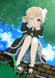 Rule 34 | 1girl, aties20, black bow, black capelet, black dress, black footwear, blue eyes, blush, bow, brick wall, capelet, cevio, closed mouth, commentary request, day, dress, frilled capelet, frills, gothic lolita, hair ornament, hands up, light brown hair, lolita fashion, long sleeves, looking at viewer, one (cevio), one eye closed, outdoors, pantyhose, shoes, sitting, sleeves past wrists, solo, tongue, tongue out, white pantyhose