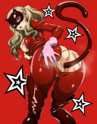 Rule 34 | 10s, 1girl, anal, anal object insertion, anal tail, anus only, ass, blonde hair, blue eyes, blush, bodysuit, breasts, breasts out, butt plug, cat tail, earrings, fake tail, gloves, highres, jewelry, large breasts, looking at viewer, mask, monpuchi, nipples, object insertion, open mouth, persona, persona 5, pink gloves, red background, red theme, saliva, sex toy, simple background, solo, star (symbol), sweat, tail, takamaki anne, teeth, tongue, tongue out, twintails, whip marks
