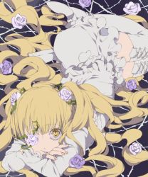 Rule 34 | 1girl, bad id, bad pixiv id, blonde hair, boots, crossed arms, dress, eyepatch, flower, grin, kirakishou, looking at viewer, lying, mochida64, open mouth, rose, rozen maiden, smile, solo, thigh boots, thighhighs, thorns, two side up, yellow eyes