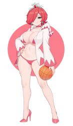 Rule 34 | 1girl, absurdres, ball, basketball (object), bikini, breasts, cameltoe, choker, circle, cleavage, closed mouth, dress, earrings, eyelashes, final fantasy, full body, green eyes, hair over one eye, hand on own hip, high heels, highres, holding, holding ball, hood, hood down, hooded dress, jewelry, large breasts, legs, legs apart, long sleeves, looking at viewer, mario (series), mario basketball 3on3, moursho, navel, nintendo, no socks, open clothes, open dress, pink background, pink bikini, pink choker, pink dress, pink footwear, red hair, short dress, short hair, smile, solo, standing, stiletto heels, sweat, swimsuit, tiara, two-tone bikini, two-tone dress, white background, white bikini, white dress, white mage (final fantasy), wide sleeves