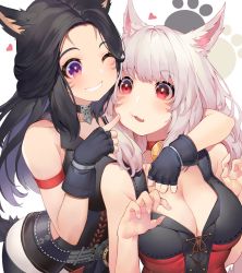 Rule 34 | 2girls, akizone, animal ears, warrior of light (ff14), bare arms, bare shoulders, bell, black gloves, black hair, black tail, breasts, character request, cleavage, collar, commentary, commission, corset, fangs, final fantasy, final fantasy xiv, fingerless gloves, fox ears, gloves, grin, heart, highres, large breasts, long hair, looking at another, miqo&#039;te, multiple girls, neck bell, one eye closed, parted bangs, paw print, purple eyes, red eyes, smile, tail, teeth, upper body, white hair