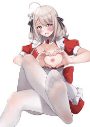 Rule 34 | 1girl, absurdres, ahoge, apron, black ribbon, blush, commission, dress, embarrassed, eyelashes, feet, flower, foot focus, foot out of frame, foreshortening, frilled apron, frills, grey hair, hair between eyes, hair flower, hair ornament, hair ribbon, heart, heart-shaped boob challenge, heart-shaped pupils, heart hands, highres, knee up, legs, lily (flower), lily (spy kyoushitsu), long hair, long sleeves, maid apron, nipples, no shoes, one breast out, open mouth, pantyhose, pink eyes, puffy long sleeves, puffy short sleeves, puffy sleeves, red dress, ribbon, sahara1127, shadow, short dress, short sleeves, sidelocks, simple background, skeb commission, soles, solo, spy kyoushitsu, symbol-shaped pupils, toes, white apron, white background, white pantyhose, white ribbon