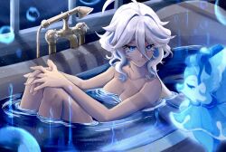 Rule 34 | 1girl, ahoge, bathtub, blue eyes, bubble, commentary, faucet, furina (genshin impact), genshin impact, hair intakes, highres, knees up, laubun, nude, parted lips, partially submerged, short hair, sitting, solo, water, white hair