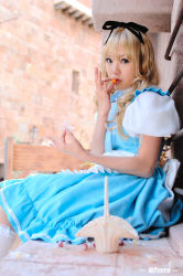 Rule 34 | 1girl, alice (alice in wonderland), alice (alice in wonderland) (cosplay), alice in wonderland, asian, blue eyes, breasts, color contacts, cosplay, kipi-san, long hair, looking at viewer, petite, photo (medium), sitting, small breasts, solo