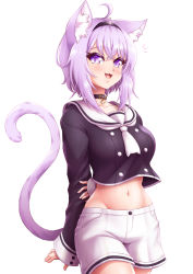 Rule 34 | 1girl, :3, :d, ahoge, animal ear fluff, animal ears, arm behind back, black hairband, cat ears, cat girl, cat tail, collar, collarbone, commentary, cowboy shot, groin, hair between eyes, hairband, highres, hololive, long sleeves, looking at viewer, mazume, midriff, navel, nekomata okayu, nekomata okayu (casual), open mouth, purple eyes, purple hair, sailor collar, short hair, shorts, simple background, smile, solo, symbol-only commentary, tail, virtual youtuber, white background, white shorts