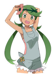 Rule 34 | 1girl, armpits, arms behind head, blush, creatures (company), dark-skinned female, dark skin, flower, game freak, green eyes, green hair, hair flower, hair ornament, ixy, long hair, looking at viewer, mallow (pokemon), nintendo, pokemon, pokemon sm, simple background, solo, teeth, trial captain, twintails, upper teeth only, white background