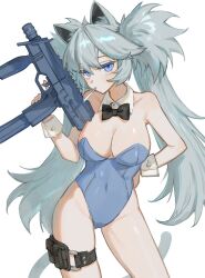 Rule 34 | 1girl, animal ears, blue eyes, bow, bowtie, cigarette, frost fog, grey hair, gun, h&amp;k mp7, highres, long hair, original, personal defense weapon, solo, submachine gun, tail, thigh strap, twintails, very long hair, weapon, white background