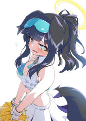 Rule 34 | 1girl, absurdres, animal ears, bare arms, bare shoulders, black hair, blue archive, blush, breasts, cleavage, crop top, dog ears, dog tail, extra ears, flying sweatdrops, goggles, goggles on head, halo, hibiki (blue archive), hibiki (cheer squad) (blue archive), highres, holding, holding pom poms, looking at viewer, medium breasts, millennium cheerleader outfit (blue archive), open mouth, pom pom (cheerleading), pom poms, shiyoheee, sidelocks, simple background, skirt, solo, star (symbol), tail, v arms, white background, white skirt