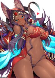 Rule 34 | 1girl, animal ears, blue eyes, breasts, bridal gauntlets, closed mouth, dark-skinned female, dark skin, ears through headwear, elbow gloves, fate/grand order, fate (series), finger to mouth, gem, gloves, head chain, heart, hood, horns, jewelry, large breasts, long hair, looking at viewer, makeup, navel, purple hair, queen of sheba (fate), solo, unadon, white background