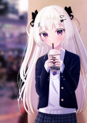 Rule 34 | 1girl, absurdres, blunt bangs, blurry, blush, colored eyelashes, cup, depth of field, disposable cup, drinking, drinking straw, hair ornament, hairclip, highres, holding, holding cup, huge filesize, junineu, long hair, looking at viewer, nail polish, necktie, original, outdoors, plaid, plaid skirt, purple eyes, skirt, sleeves past wrists, solo, standing, white hair