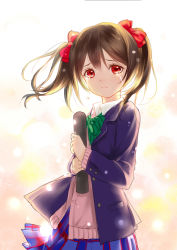 Rule 34 | 10s, 1girl, black hair, blazer, bow, bowtie, clouble, crying, crying with eyes open, frown, graduated cylinder, graduation, hair bow, holding, jacket, long hair, long sleeves, looking at viewer, love live!, love live! school idol project, red eyes, sad, school uniform, short twintails, skirt, solo, tears, twintails, yazawa nico