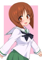 Rule 34 | 1girl, :d, absurdres, black bow, black bowtie, blush, bob cut, border, bow, bowtie, brown eyes, brown hair, girls und panzer, green skirt, highres, inverted bob, long sleeves, looking at viewer, miniskirt, open mouth, pink background, pleated skirt, sailor collar, school uniform, serafuku, shirt, simple background, skirt, smile, solo, try (lsc), white border, white sailor collar, white shirt