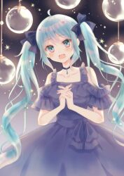 1girl ahoge aqua_eyes aqua_hair azarashi6 blue_choker blue_dress blush choker collarbone dot_nose dress frilled_dress frills gradient_hair hair_between_eyes hatsune_miku head_tilt highres long_hair multicolored_hair open_mouth solo twintails very_long_hair vocaloid