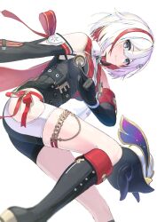Rule 34 | 1girl, bare shoulders, black footwear, black gloves, black jacket, blue eyes, boots, closed mouth, coin, colored inner hair, commentary request, detached sleeves, foot out of frame, gloves, highres, hip vent, holding, holding coin, honkai: star rail, honkai (series), jacket, looking at viewer, multicolored hair, numby (honkai: star rail), pi (p77777778), red hair, short hair, simple background, solo, streaked hair, topaz (honkai: star rail), trotter (honkai: star rail), white background, white hair