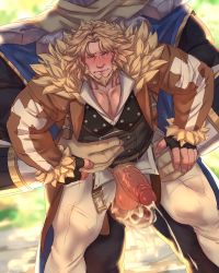 Rule 34 | 2boys, absurdres, anal, bara, blue eyes, blurry, blurry background, blush, character request, collared shirt, cum, feet out of frame, ghangaji, gloves, guilty gear, hand on another&#039;s stomach, highres, jacket, leo whitefang, male focus, male penetrated, manly, mature male, multiple boys, muscular, muscular male, outdoors, pants, pectoral cleavage, pectorals, penis, scarf, shirt, size difference, teeth, testicles, tight clothes, veins, veiny penis, yaoi