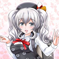 Rule 34 | 1girl, :d, alternate costume, backpack, bag, beret, bow, cosplay, dress, grey eyes, hat, kantai collection, kashima (kancolle), kasumi (kancolle), kasumi (kancolle) (cosplay), looking at viewer, open mouth, pinafore dress, randoseru, school uniform, silver hair, sleeveless, sleeveless dress, smile, solo, tk8d32, two side up