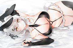 Rule 34 | 1girl, absurdres, animal ears, bare shoulders, bed sheet, between breasts, black gloves, black necktie, black thighhighs, blush, breasts, bridal gauntlets, cowboy shot, detached collar, elbow gloves, fake animal ears, frills, gloves, grey hair, hair between eyes, hair ornament, highres, large breasts, long hair, looking at viewer, lying, maid headdress, mole, mole on breast, mole under eye, navel, necktie, necktie between breasts, on bed, on side, original, parted lips, partially fingerless gloves, rabbit ears, rabbit tail, solo, stomach, tail, thighhighs, very long hair, white background, x hair ornament, yellow eyes, yukineko1018