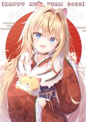 Rule 34 | 1girl, 2022, :d, animal, animal ear fluff, animal ears, black hair, blonde hair, blue eyes, chinese zodiac, commentary, egasumi, english commentary, fang, fur collar, hair between eyes, hair intakes, happy new year, head tilt, highres, japanese clothes, kimono, liuliu, long hair, long sleeves, looking at viewer, multicolored hair, new year, obi, open mouth, original, pinching sleeves, red background, red kimono, sash, sleeves past wrists, smile, solo, streaked hair, tiger, tiger ears, two-tone background, very long hair, white background, wide sleeves, yagasuri, year of the tiger